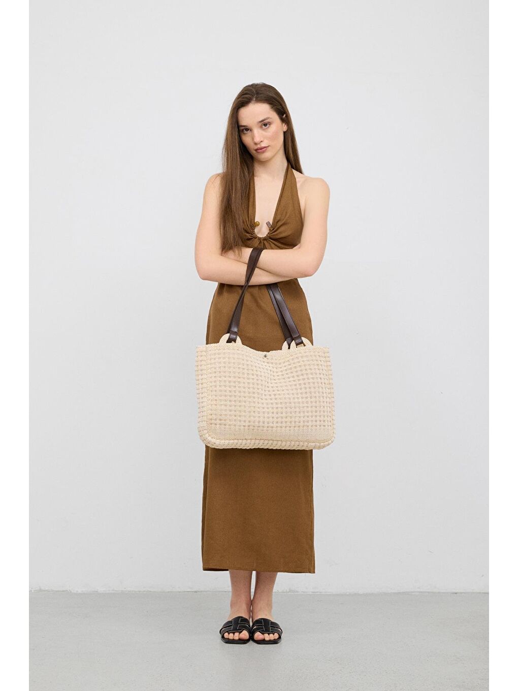 Ekru Fabri Big Size Makrome Omuz Çantası Krem-2