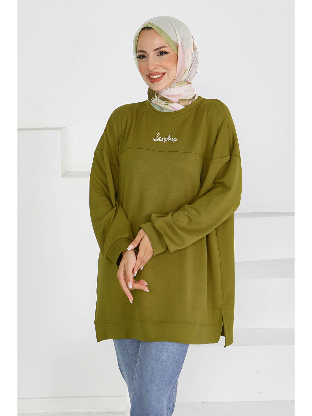 Önü Baskılı Biyeli İki İplik Sweatshirt Haki - 27609-2