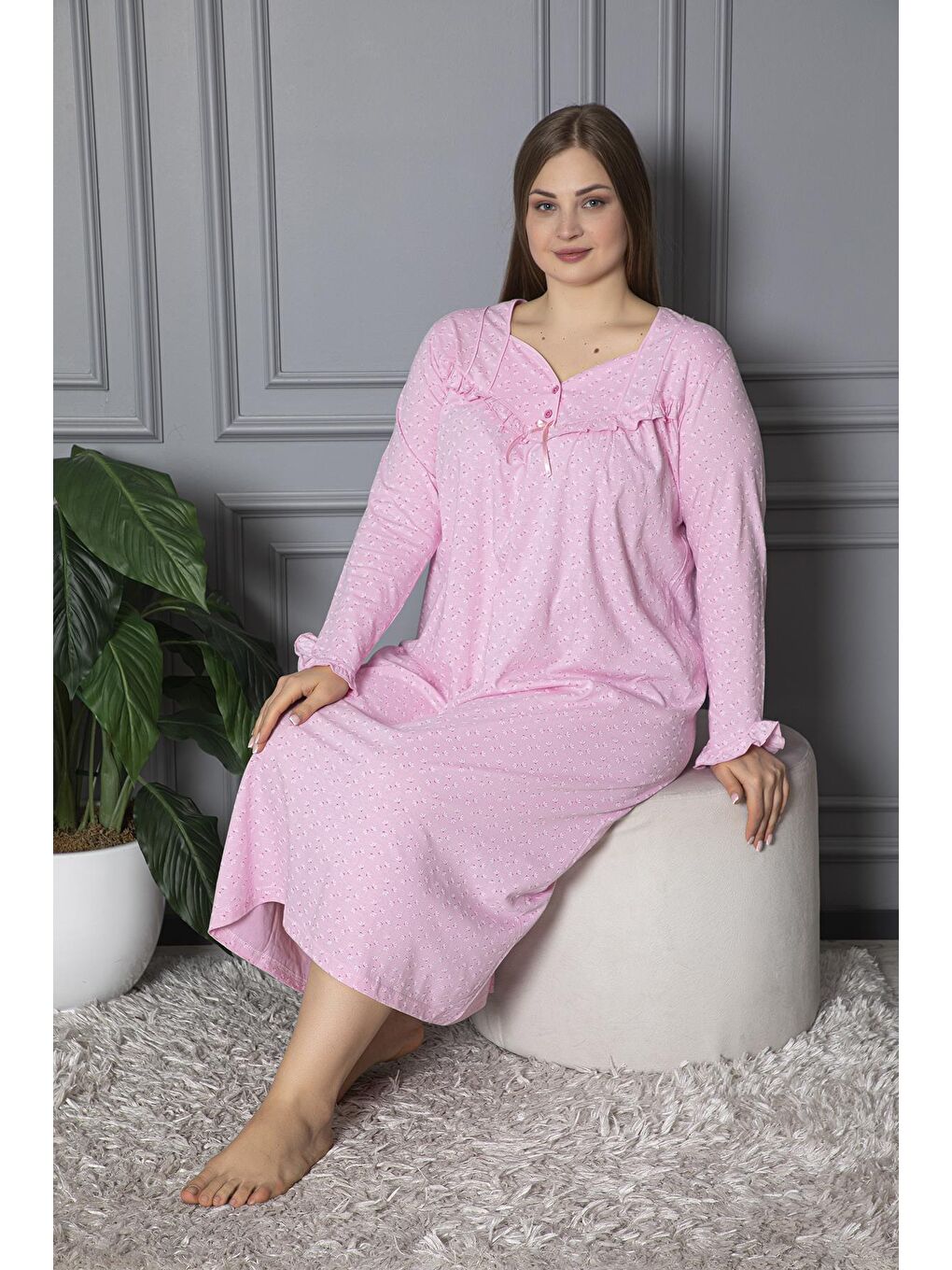 Pembe %100 Pamuklu Mevsimlik Uzun Kol Penye Büyük Beden Anne Gecelik 180-1
