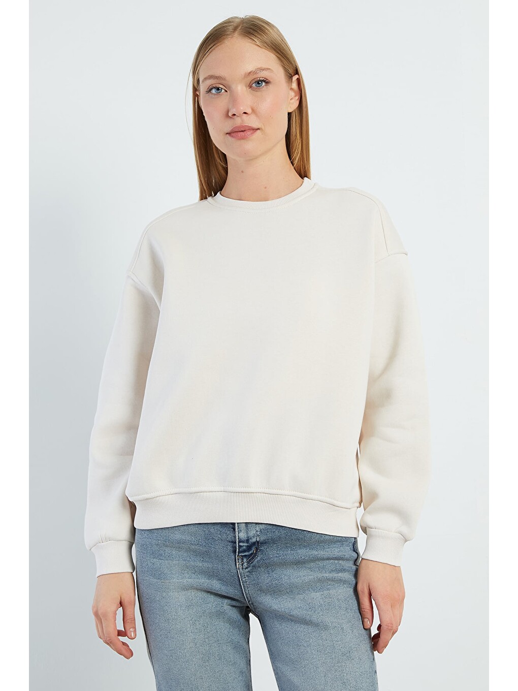 Bej 3 İplik Basic Bisiklet Yaka Oversize Sweatshirt-2