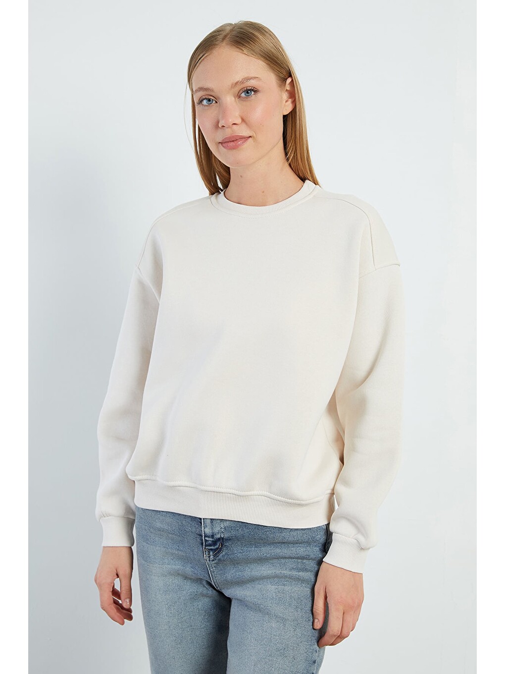Bej 3 İplik Basic Bisiklet Yaka Oversize Sweatshirt-4