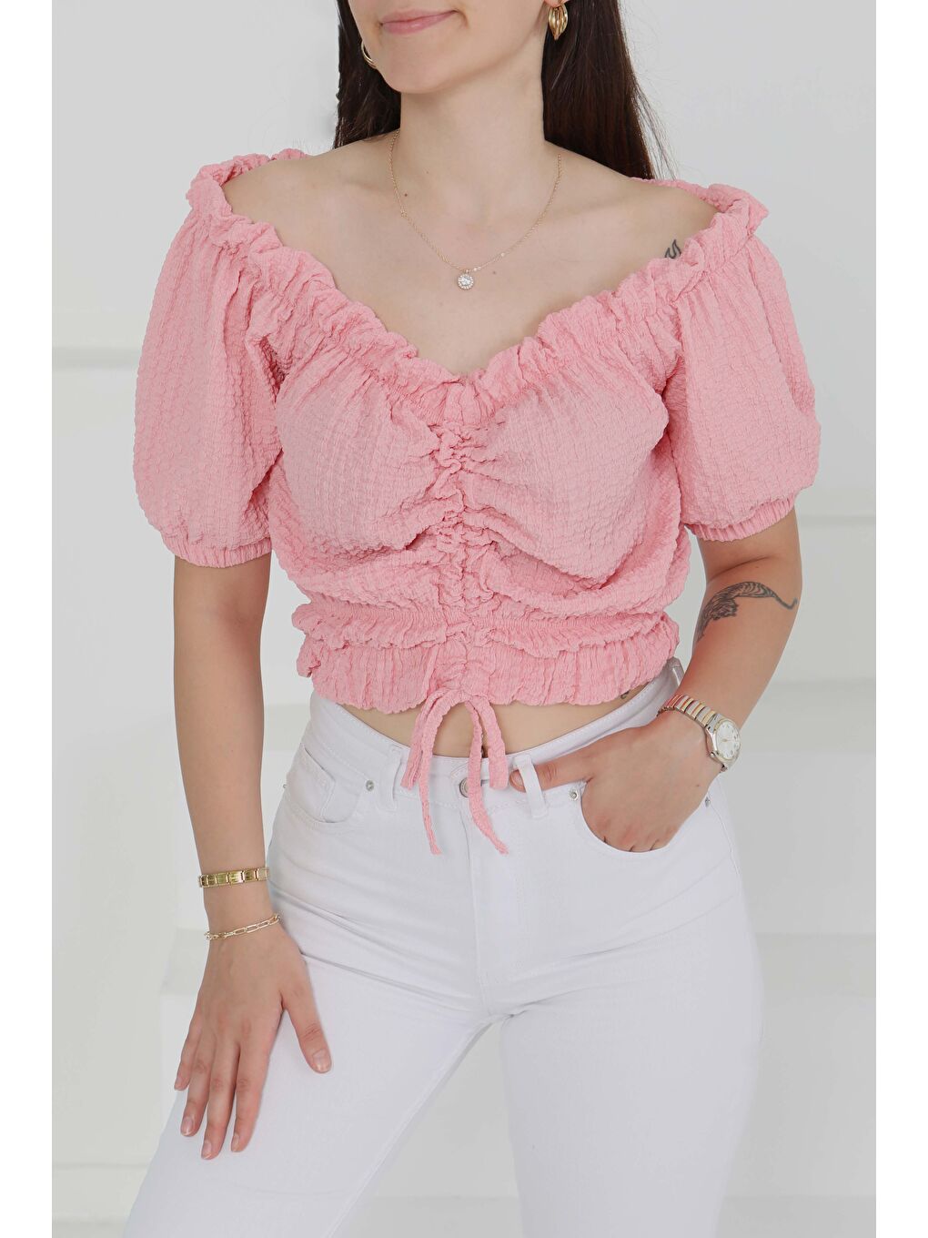 Buffle Büzgülü Crop Pembe - 27485-1