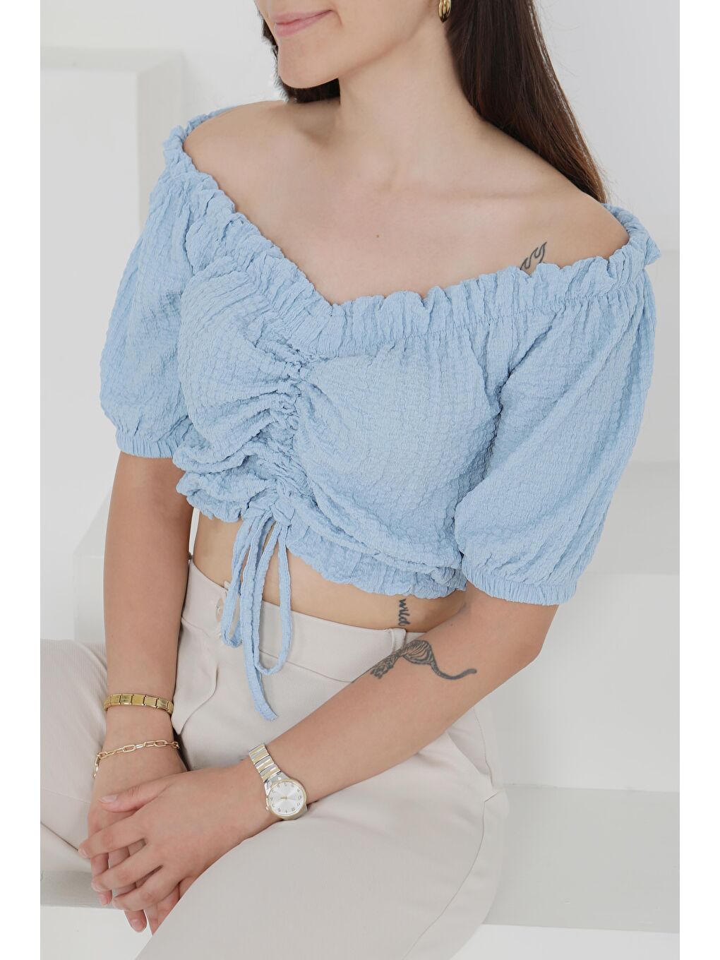 Buffle Büzgülü Crop Bebe Mavi - 27485