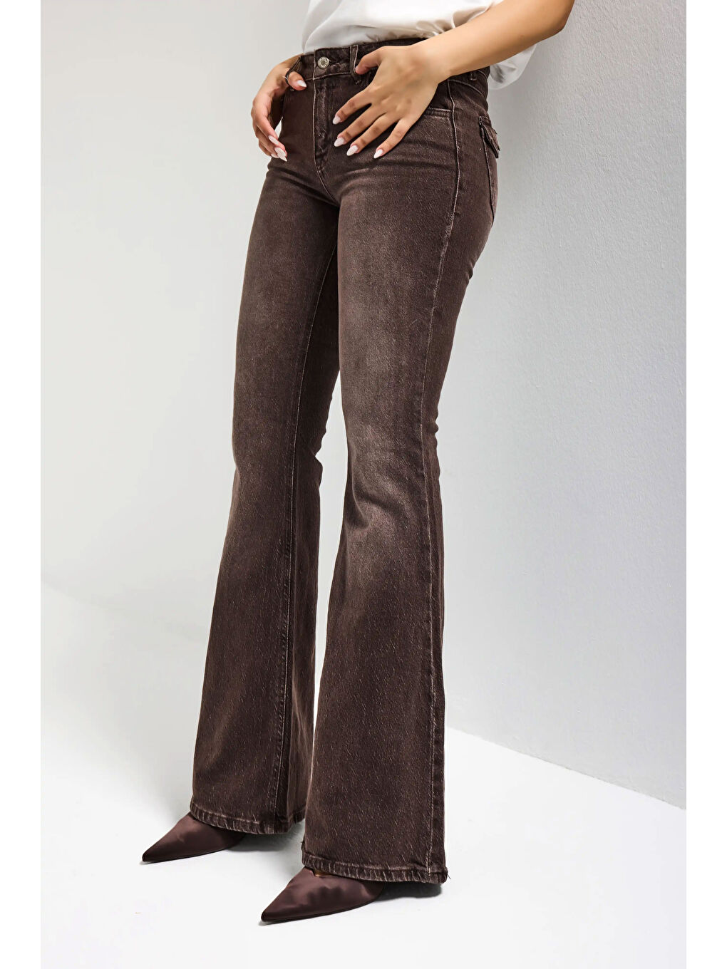 Kadın Kahverengi 2s6-16 SLN05 Mid Rise Flare Fit Esnek Kumaş Denim Jean-5