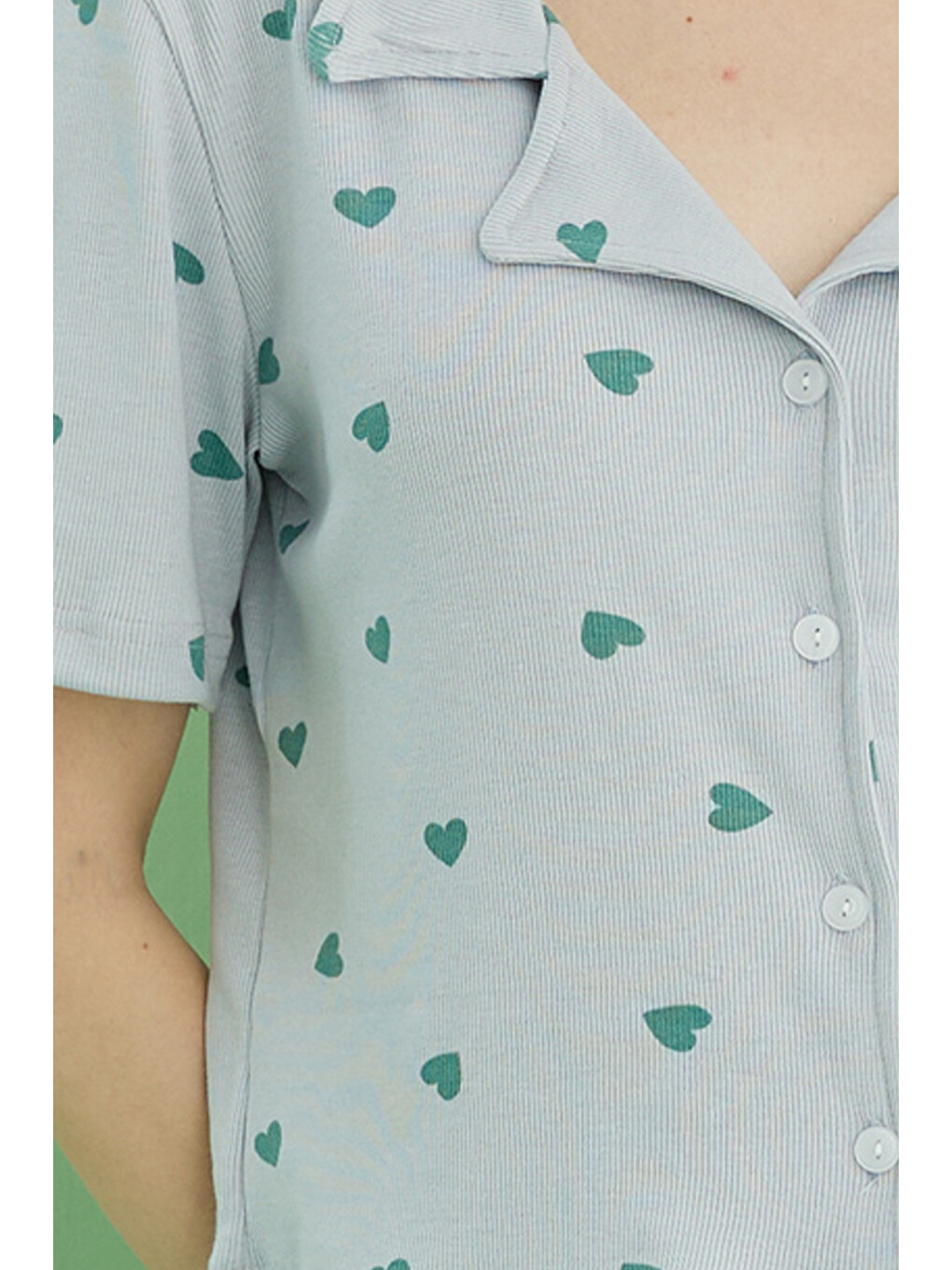 Mavi Kalp Baskılı Fitilli Kaşkorse Örme Düğmeli Gömlek Yaka Pijama Takım-1