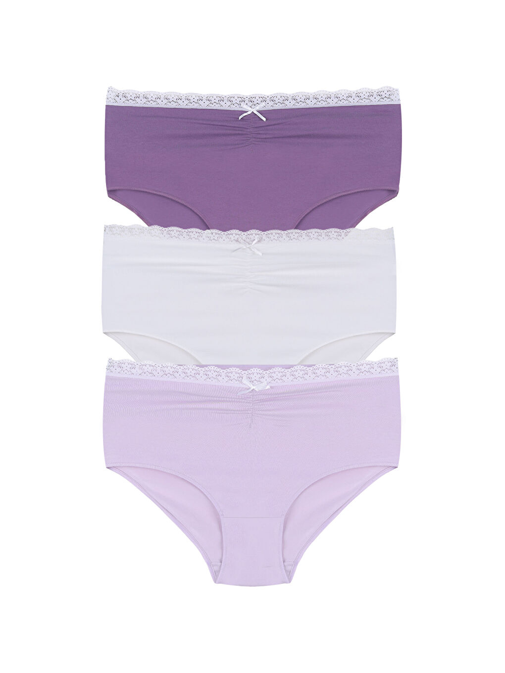 Pembe Kadın Ön Bel Dantelli Büzgülü ve Fiyonk Detaylı Lastikli 3'lü Külot