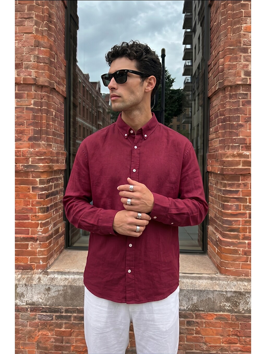 Bordo Kora Premium %100 Pamuk Keten Oversize Erkek Düğmeli Yaka Gömlek