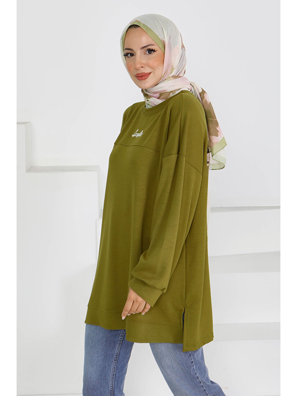 Önü Baskılı Biyeli İki İplik Sweatshirt Haki - 27609-3