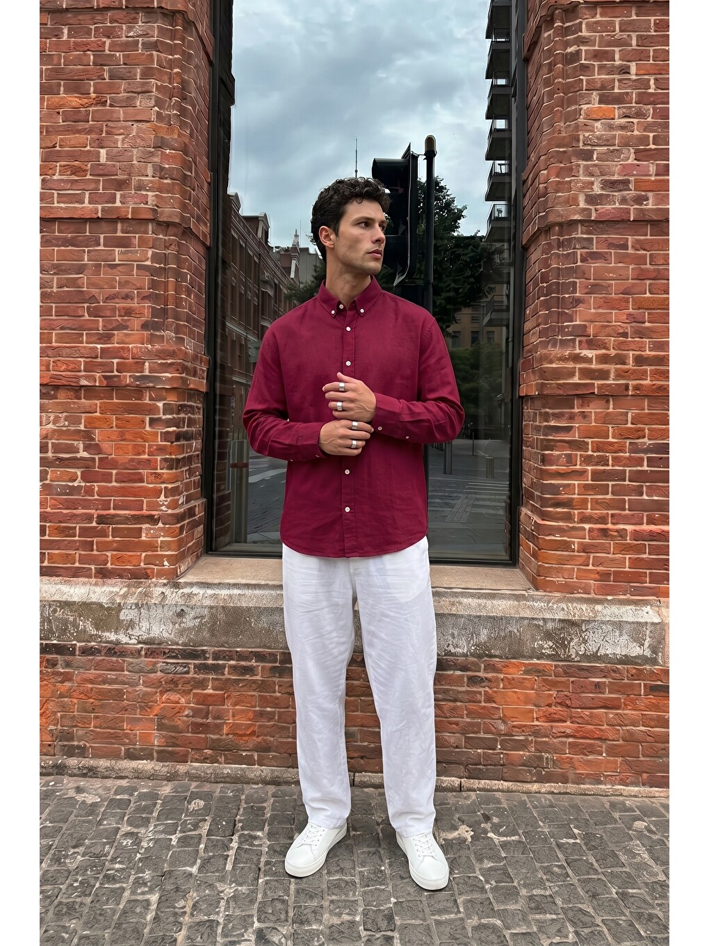 Bordo Kora Premium %100 Pamuk Keten Oversize Erkek Düğmeli Yaka Gömlek-1