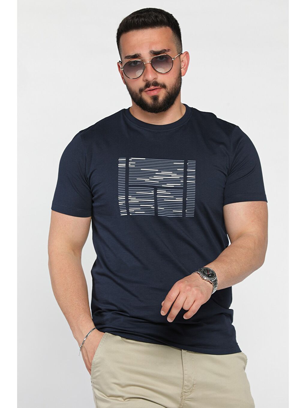 Lacivert Bisiklet Yaka Ön Baskılı Erkek Tişört-1