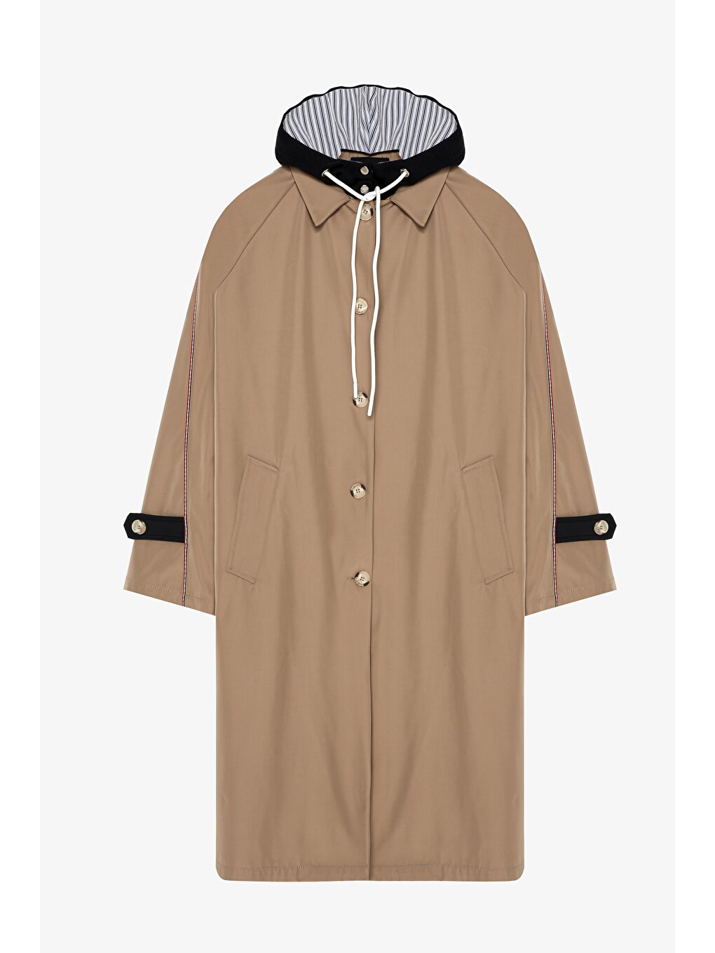 Kahverengi Kapüşonlu Kontrast Yaka Detaylı Oversize Trençkot Camel-1