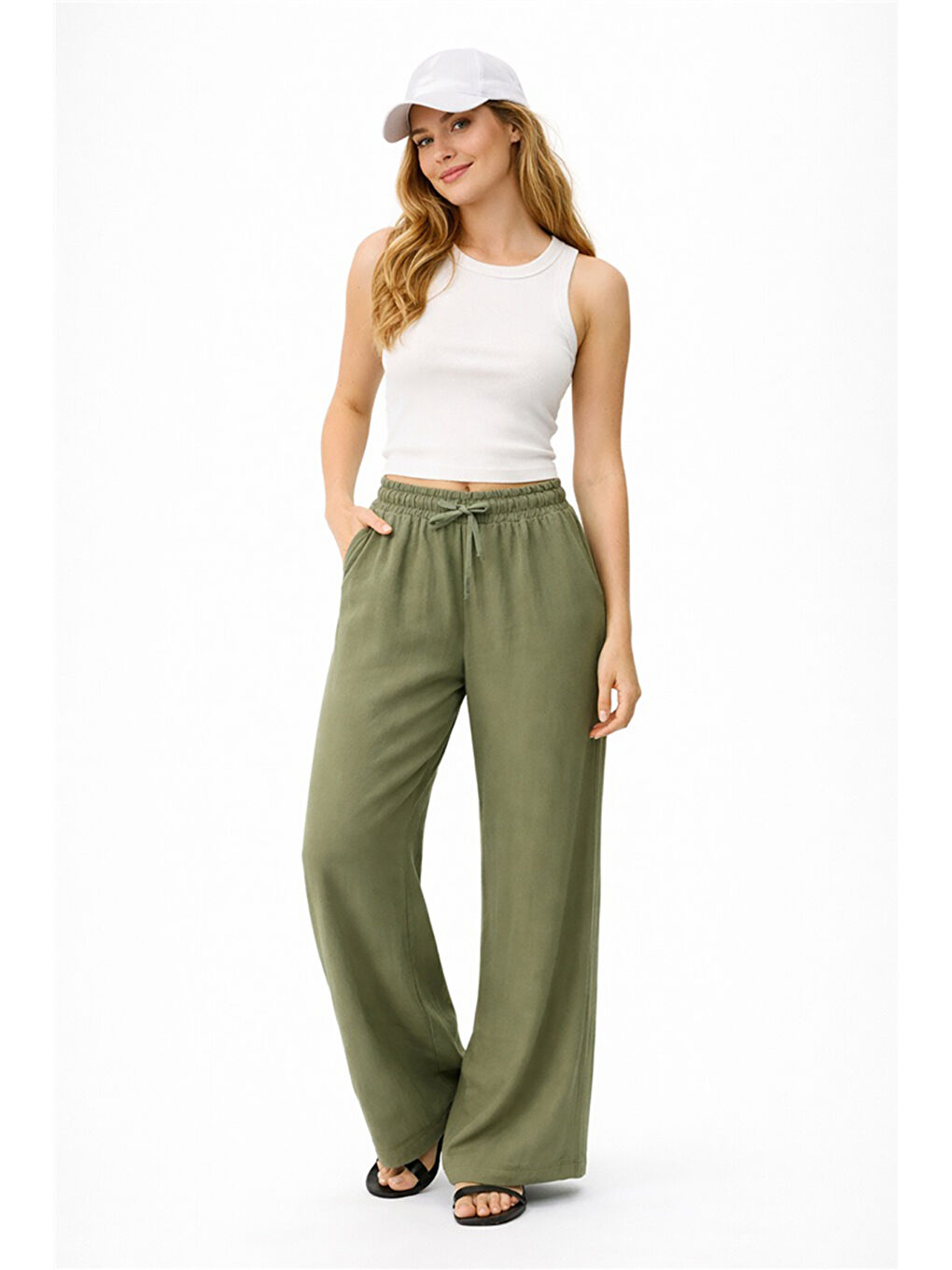 Haki Pamuk ve Keten Karışımlı Yüksek Bel Kadın Pantolon 26Y0608K1-2