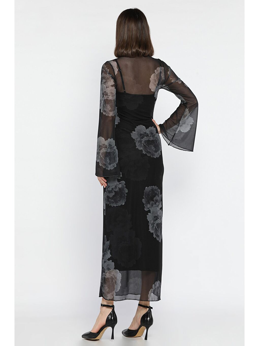 Siyah Gül Desenli İçlik Kombinli Tül Elbise-2