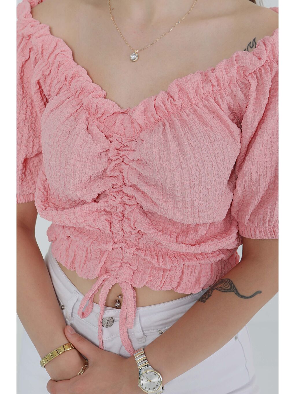 Buffle Büzgülü Crop Pembe - 27485-2