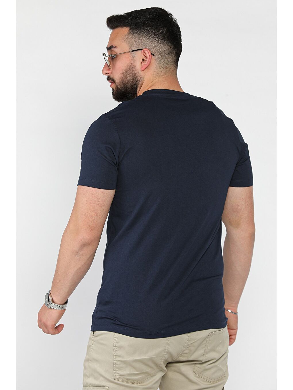 Lacivert Bisiklet Yaka Ön Baskılı Erkek Tişört-2