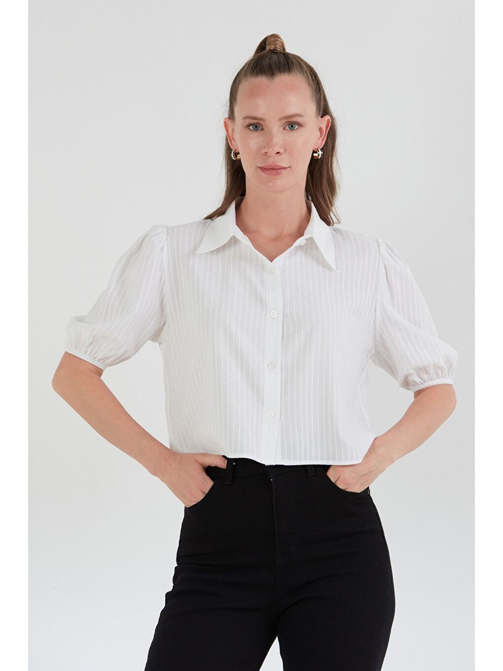 Beyaz Çizgili Balon Kol Crop Gömlek-1