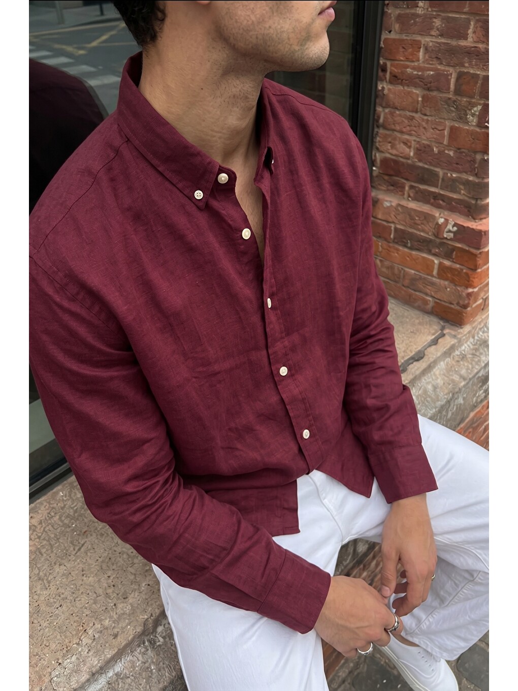 Bordo Kora Premium %100 Pamuk Keten Oversize Erkek Düğmeli Yaka Gömlek-2