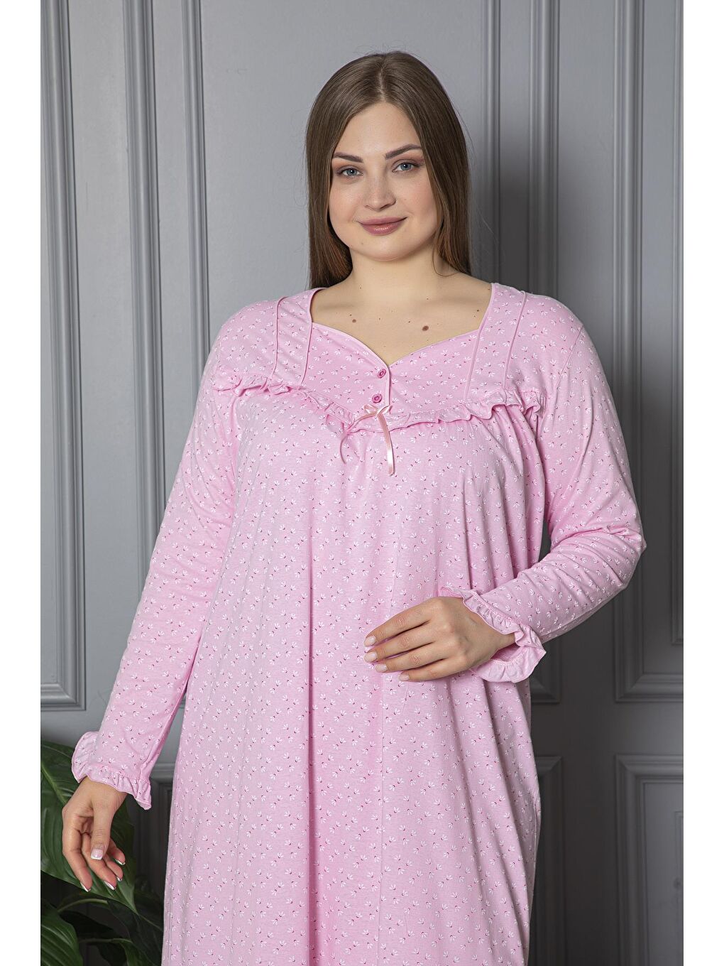 Pembe %100 Pamuklu Mevsimlik Uzun Kol Penye Büyük Beden Anne Gecelik 180-2