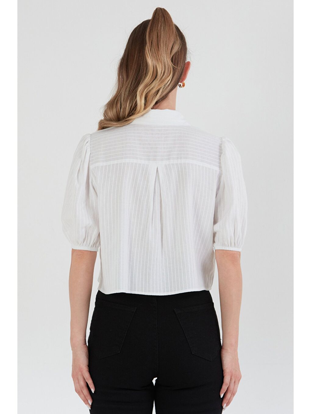 Beyaz Çizgili Balon Kol Crop Gömlek-3