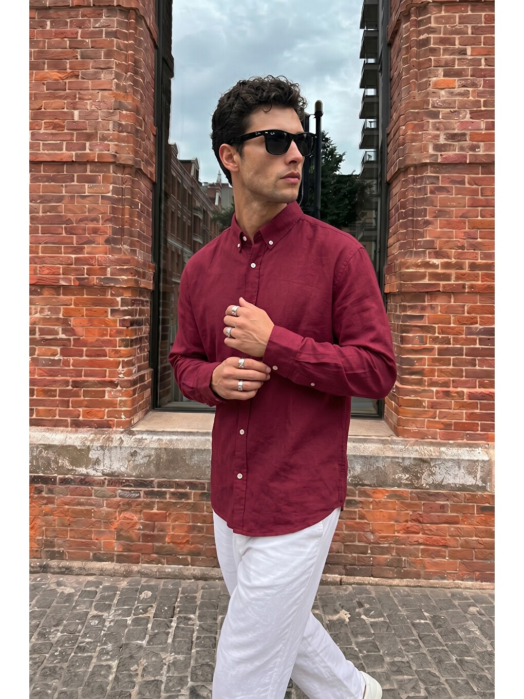 Bordo Kora Premium %100 Pamuk Keten Oversize Erkek Düğmeli Yaka Gömlek-3