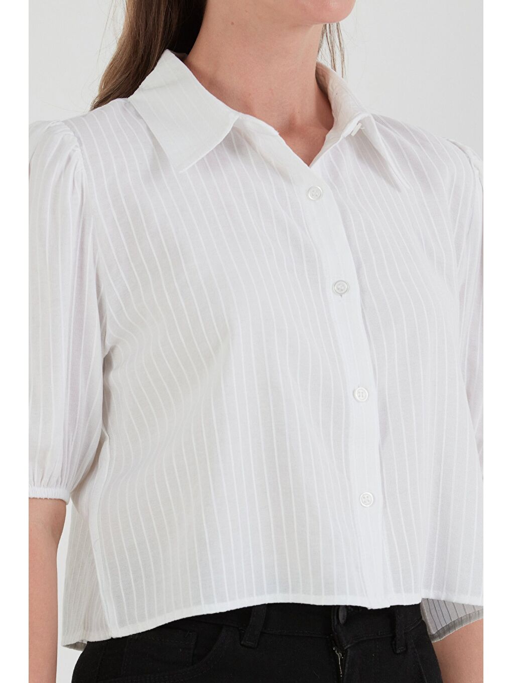 Beyaz Çizgili Balon Kol Crop Gömlek-4