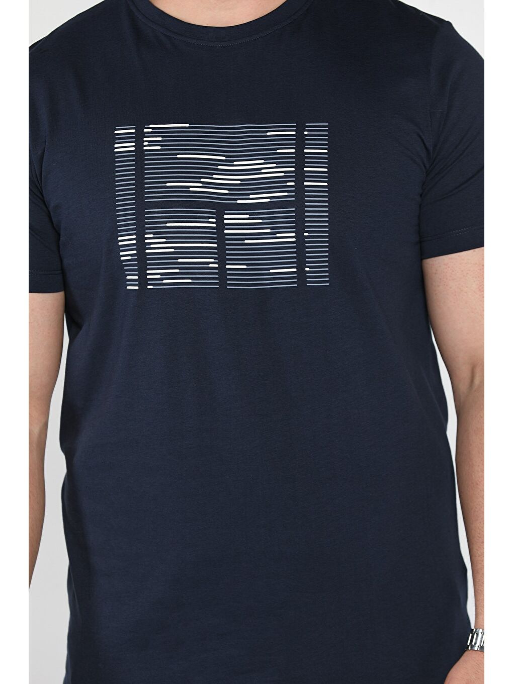 Lacivert Bisiklet Yaka Ön Baskılı Erkek Tişört-3