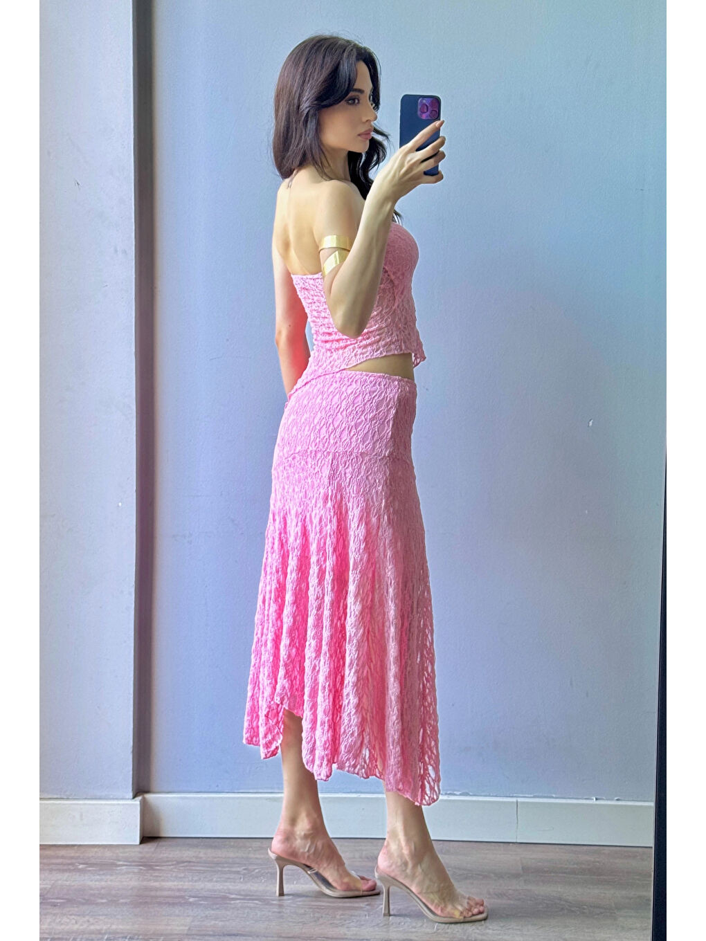 Kadın Pembe Dantel Crop Etek Takım 1026-221725-4