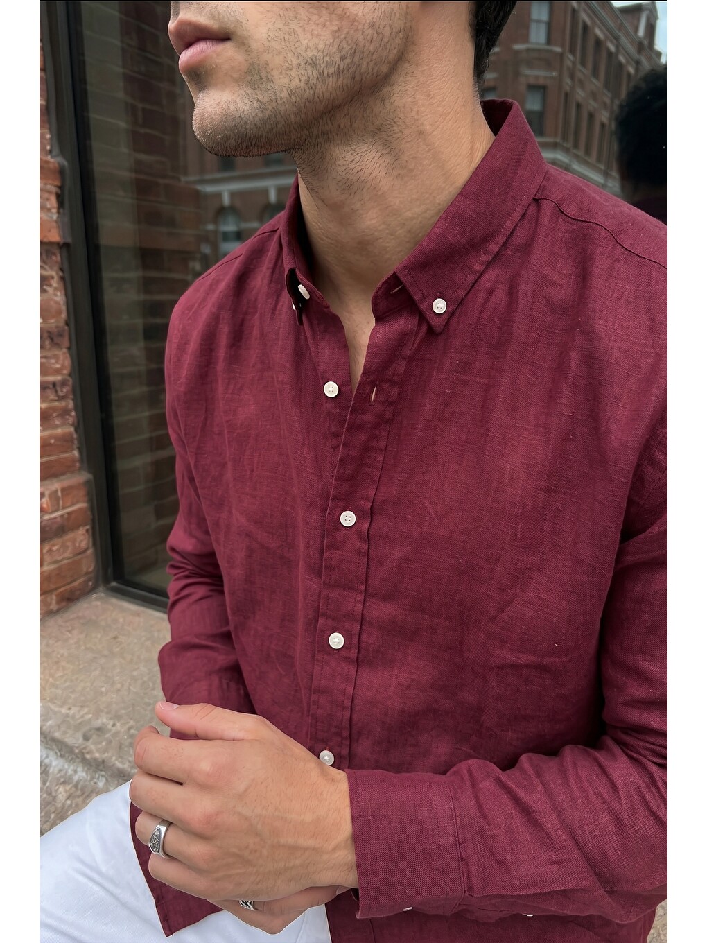 Bordo Kora Premium %100 Pamuk Keten Oversize Erkek Düğmeli Yaka Gömlek-4