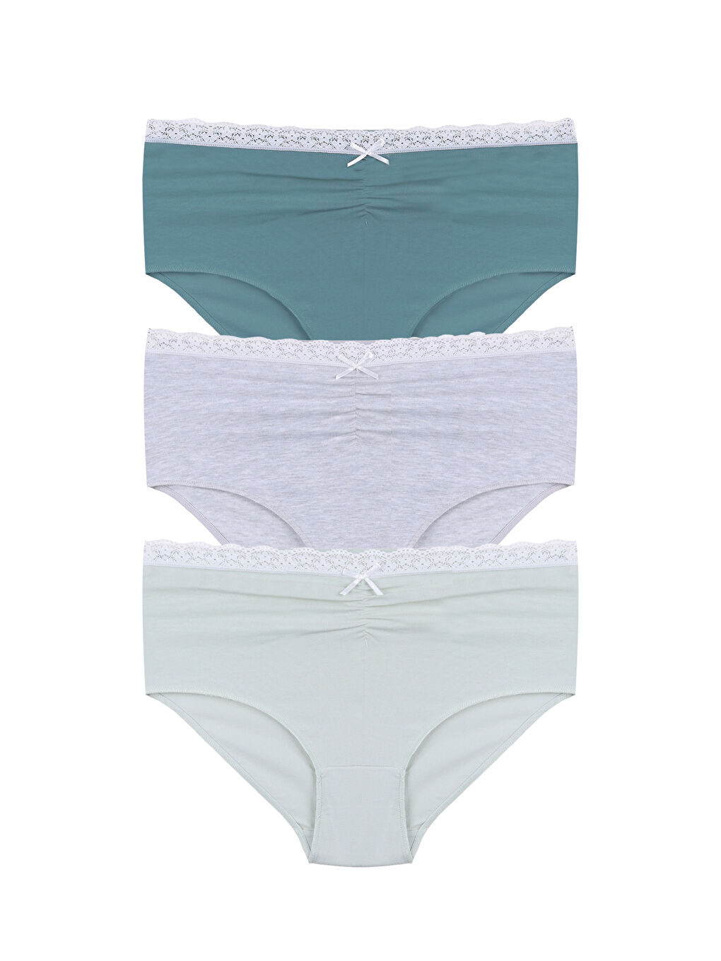 Yeşil Kadın Ön Bel Dantelli Büzgülü ve Fiyonk Detaylı Lastikli 3'lü Külot