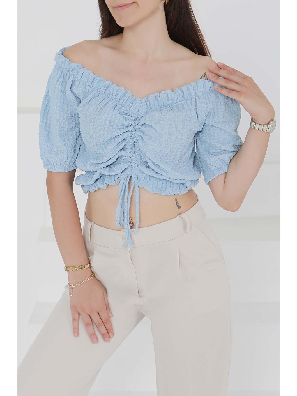 Buffle Büzgülü Crop Bebe Mavi - 27485-1