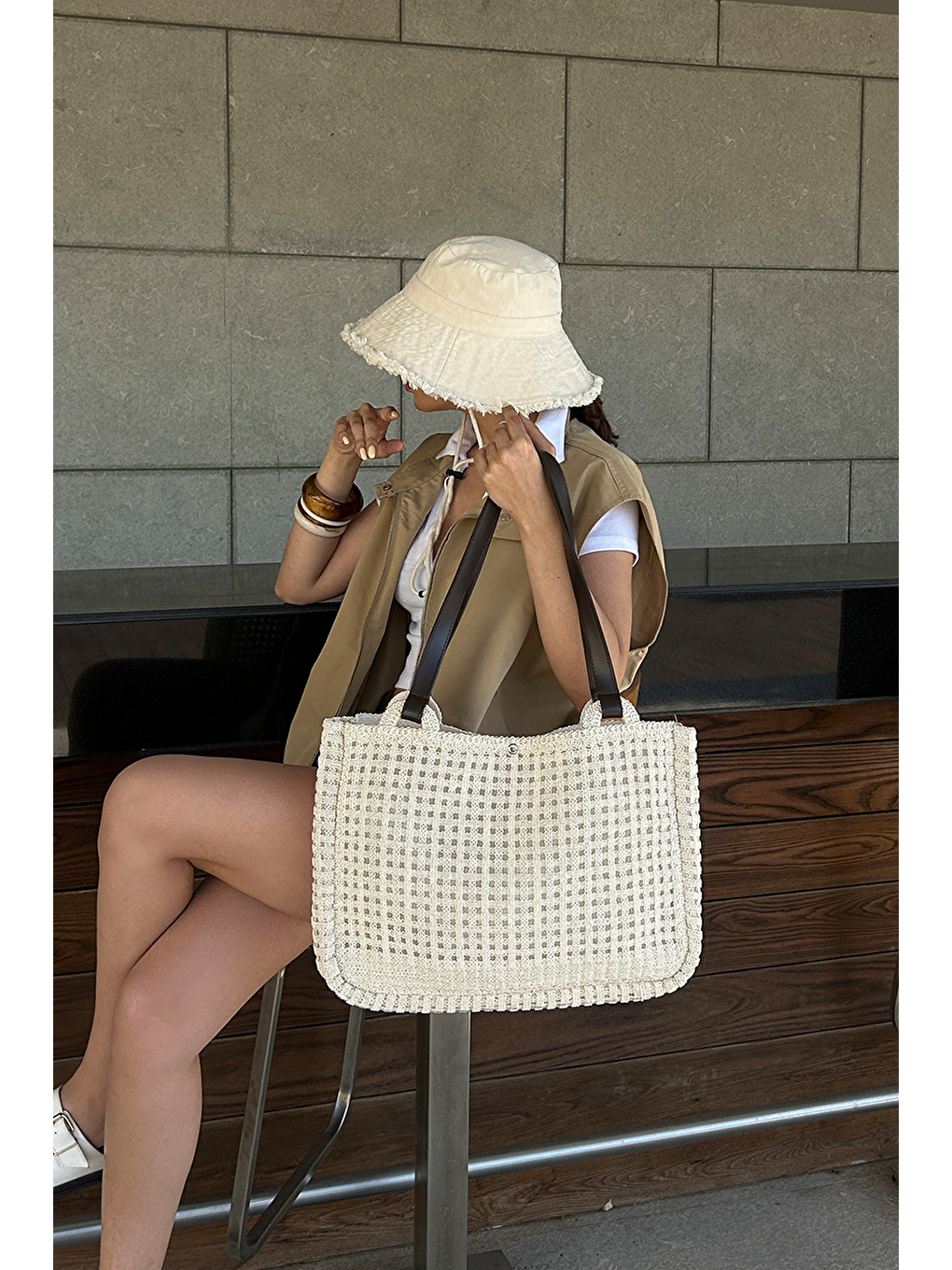 Ekru Fabri Big Size Makrome Omuz Çantası Krem-7