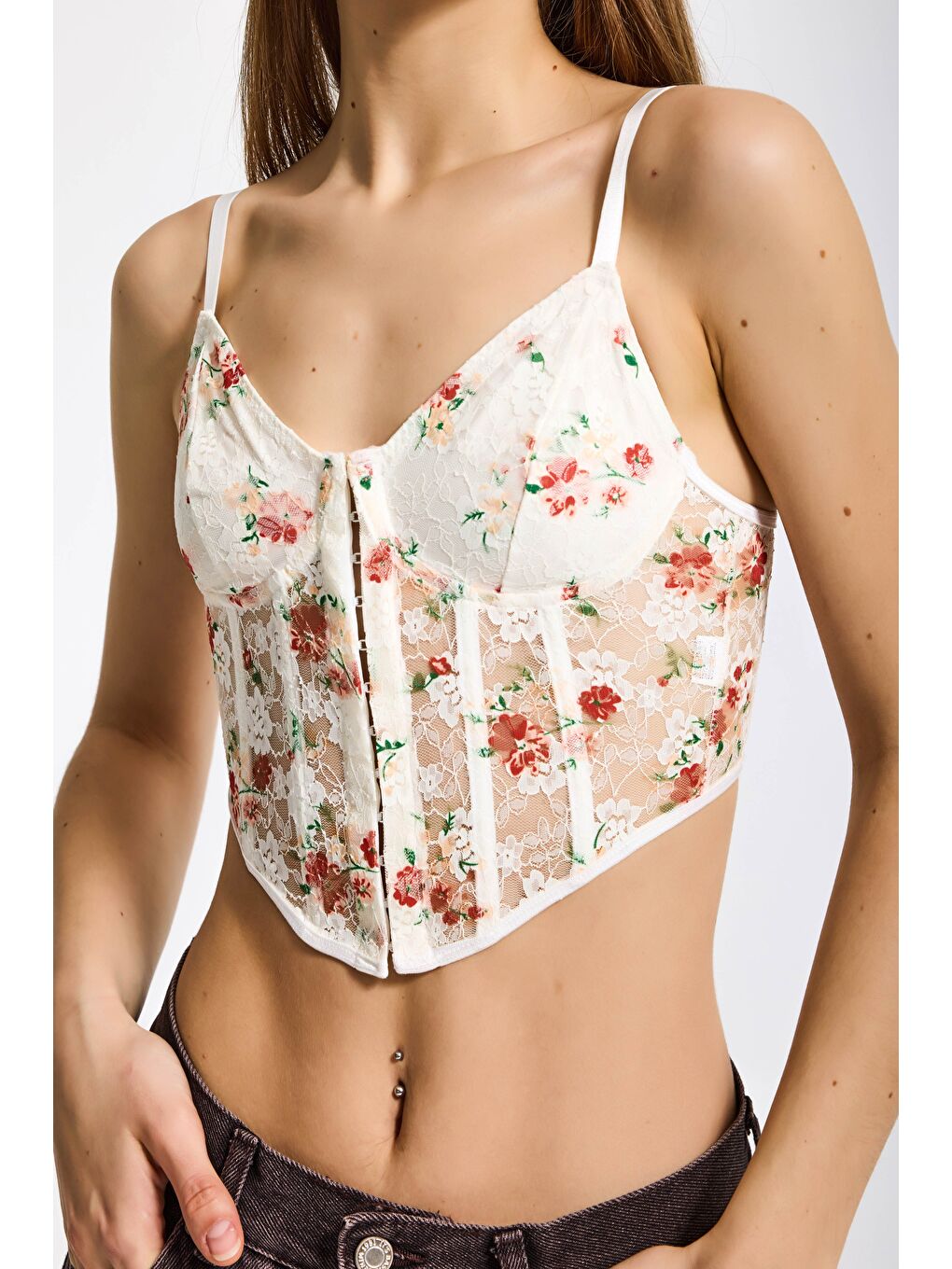 Kadın Ekru Çiçekli w5 Balenli Askılı Dantel Çiçek Desenli Özel Tasarım Büstiyer