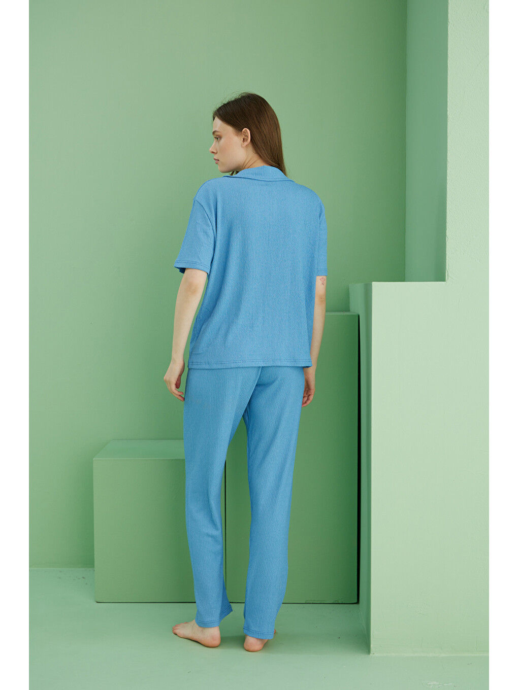 Mavi Bürümcük Krınkıl Kumaş Örme Düğmeli Pijama Takım25118566-2