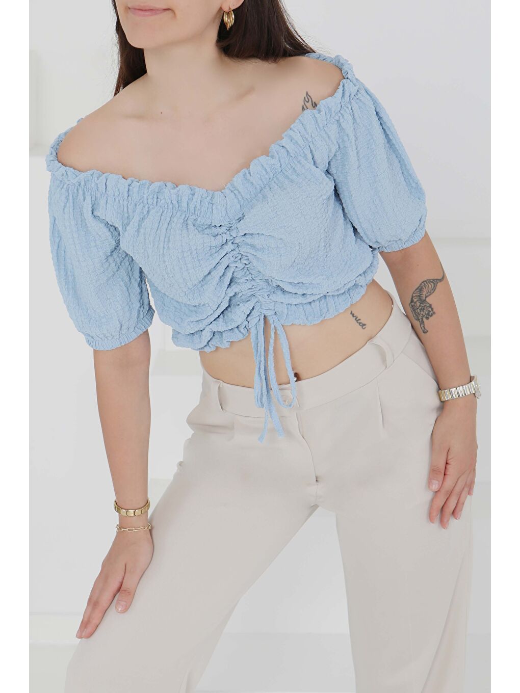 Buffle Büzgülü Crop Bebe Mavi - 27485-2