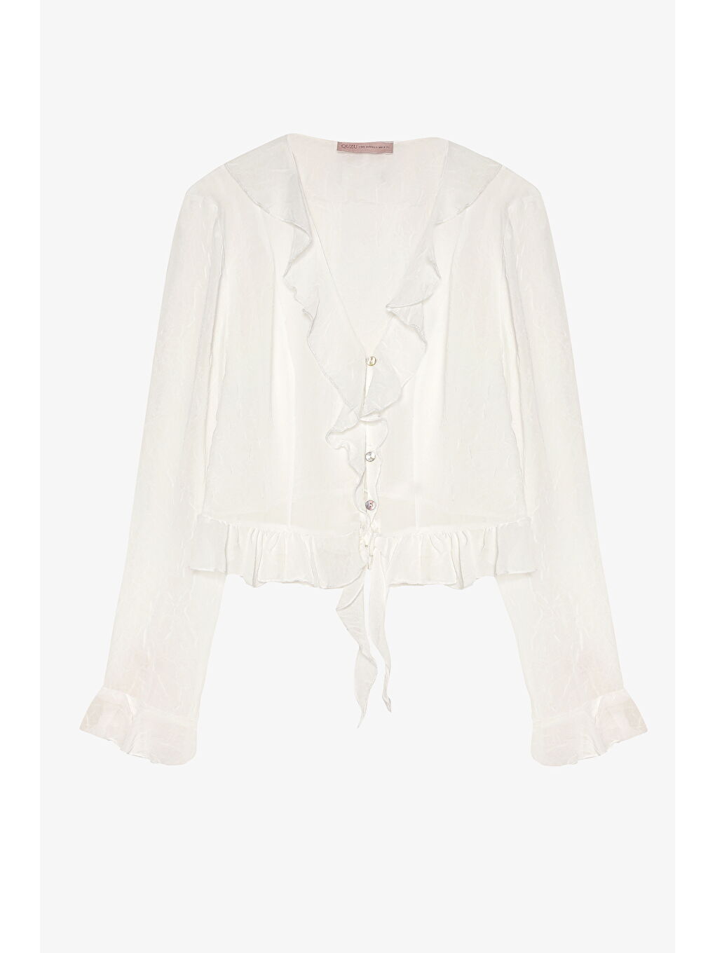 Fırfır Detaylı V Yaka Düğmeli Bluz Ekru