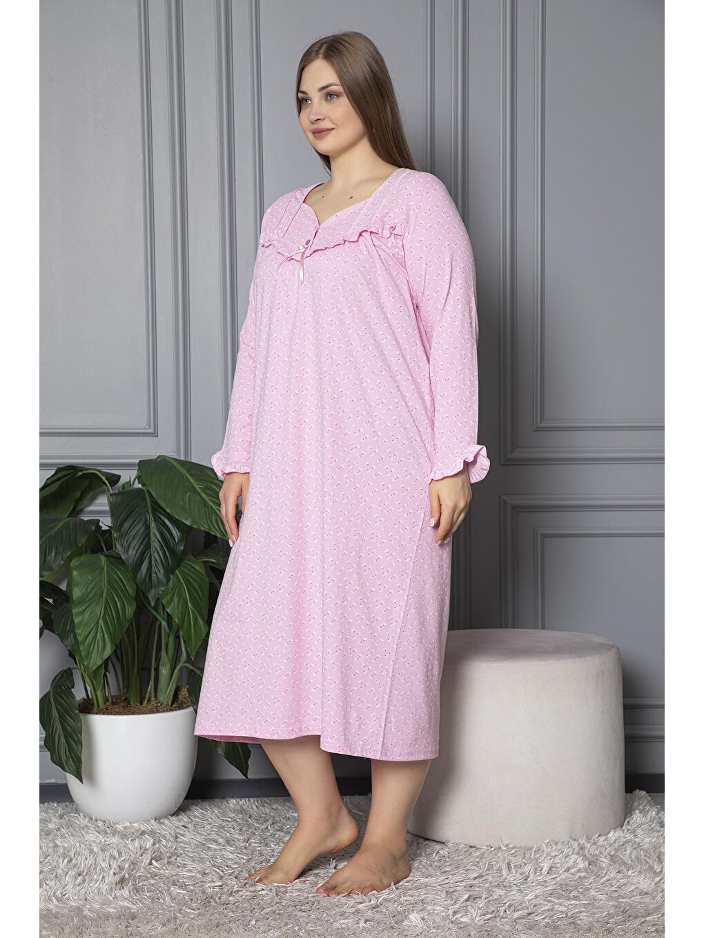 Pembe %100 Pamuklu Mevsimlik Uzun Kol Penye Büyük Beden Anne Gecelik 180-3