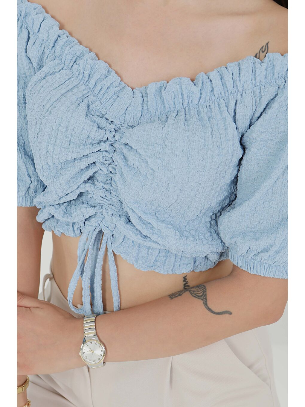 Buffle Büzgülü Crop Bebe Mavi - 27485-3