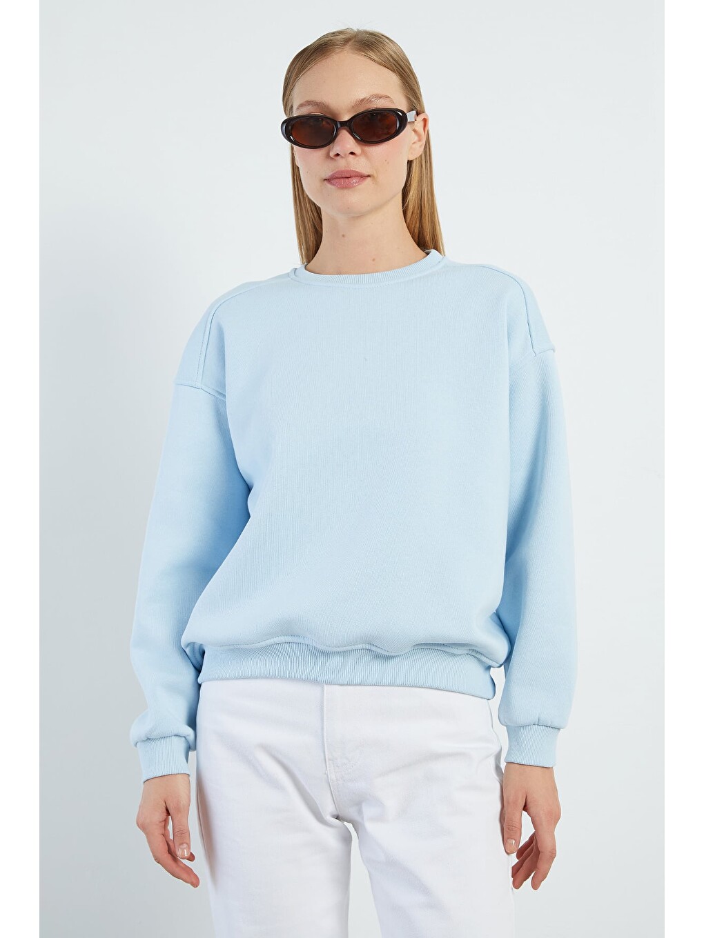 Mavi 3 İplik Basic Bisiklet Yaka Oversize Sweatshirt-1