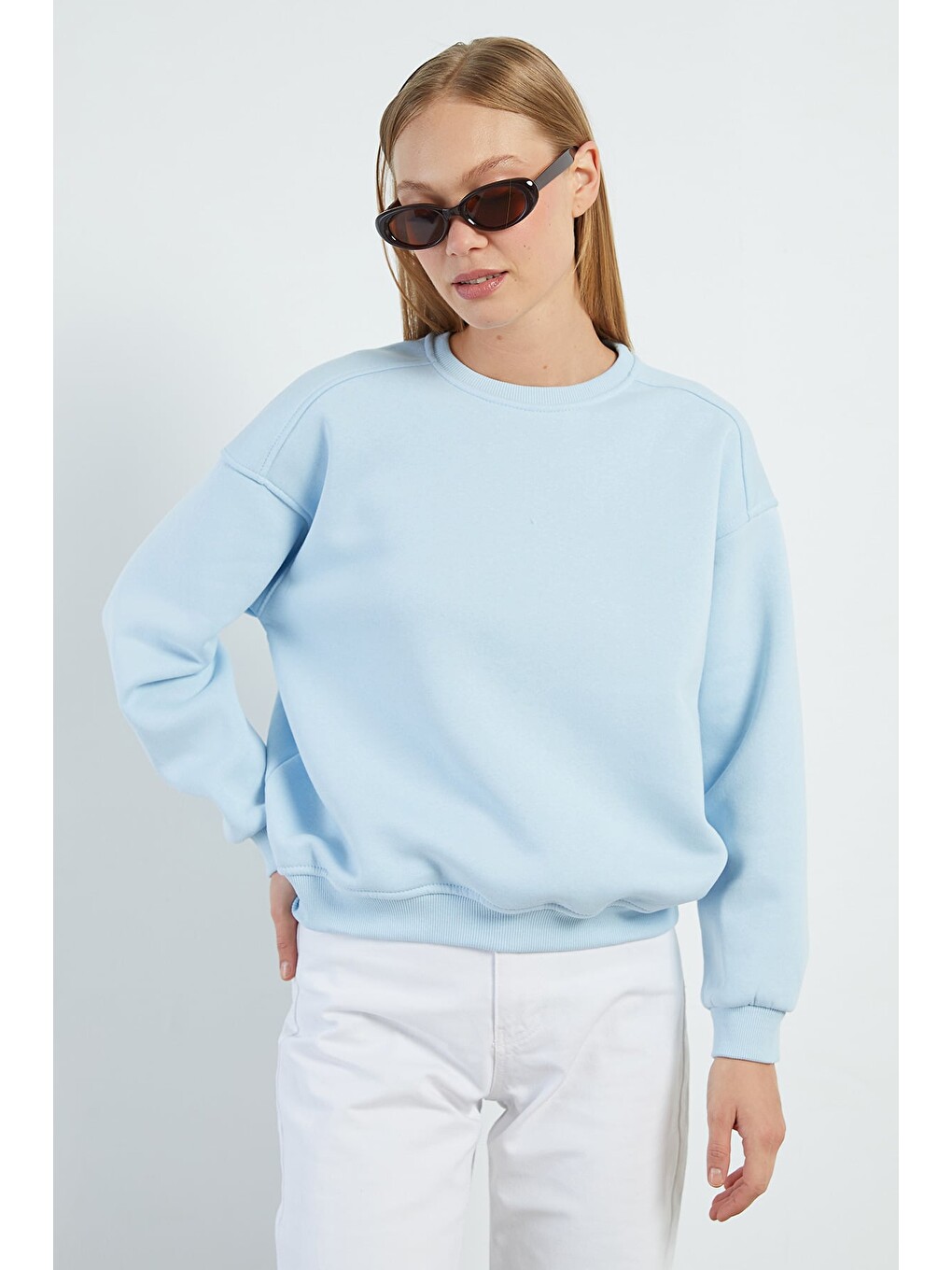 Mavi 3 İplik Basic Bisiklet Yaka Oversize Sweatshirt-3