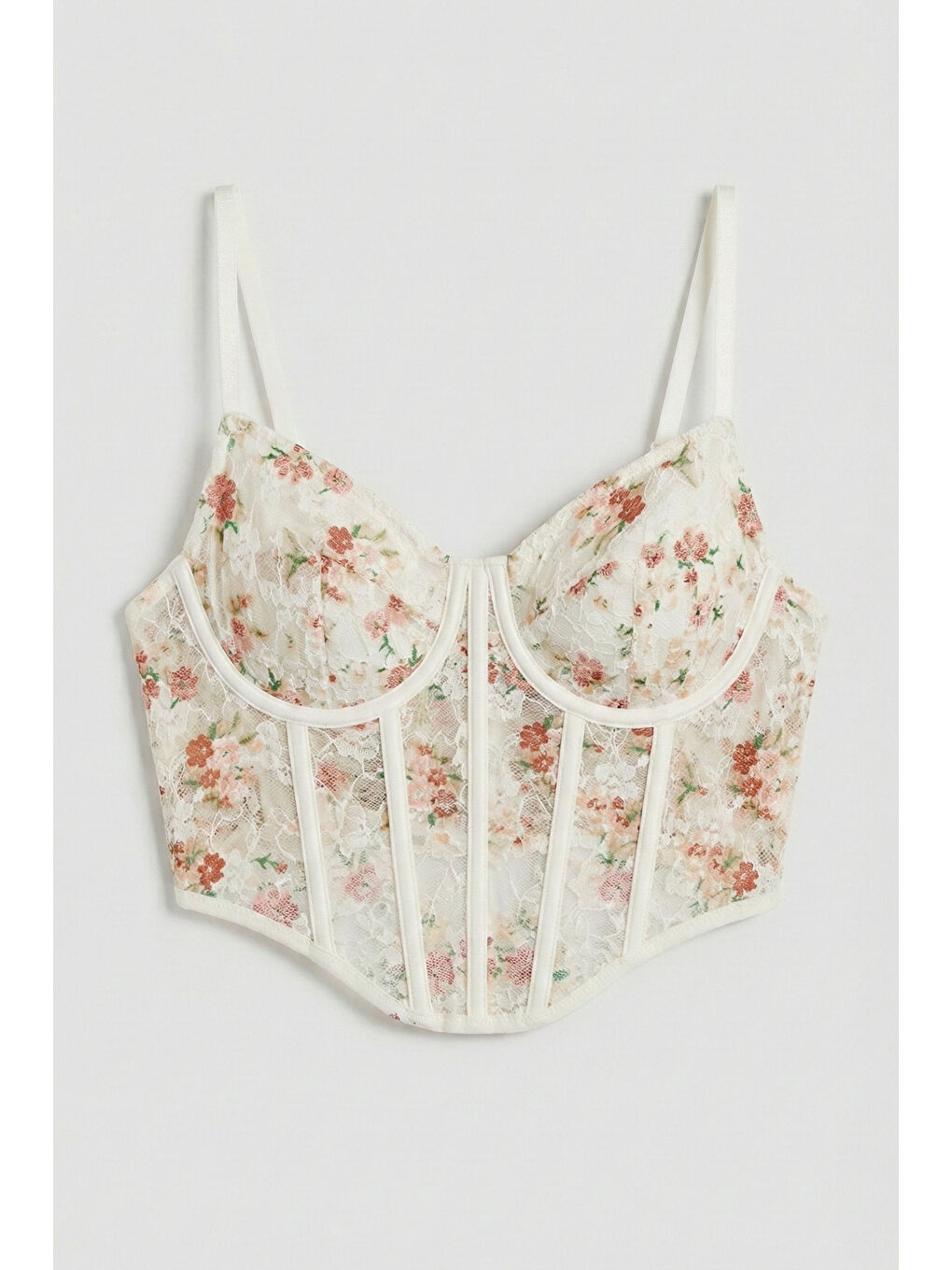 Kadın Ekru Çiçekli w5 Balenli Askılı Dantel Çiçek Desenli Özel Tasarım Büstiyer-1
