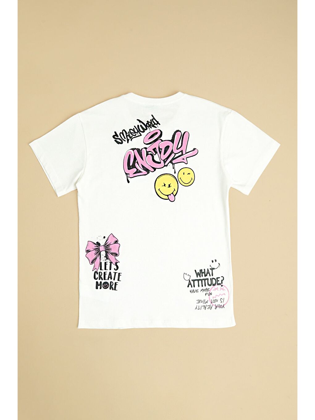 Beyaz Enjoy Yazı Baskılı Kız Çocuk Tişört-1
