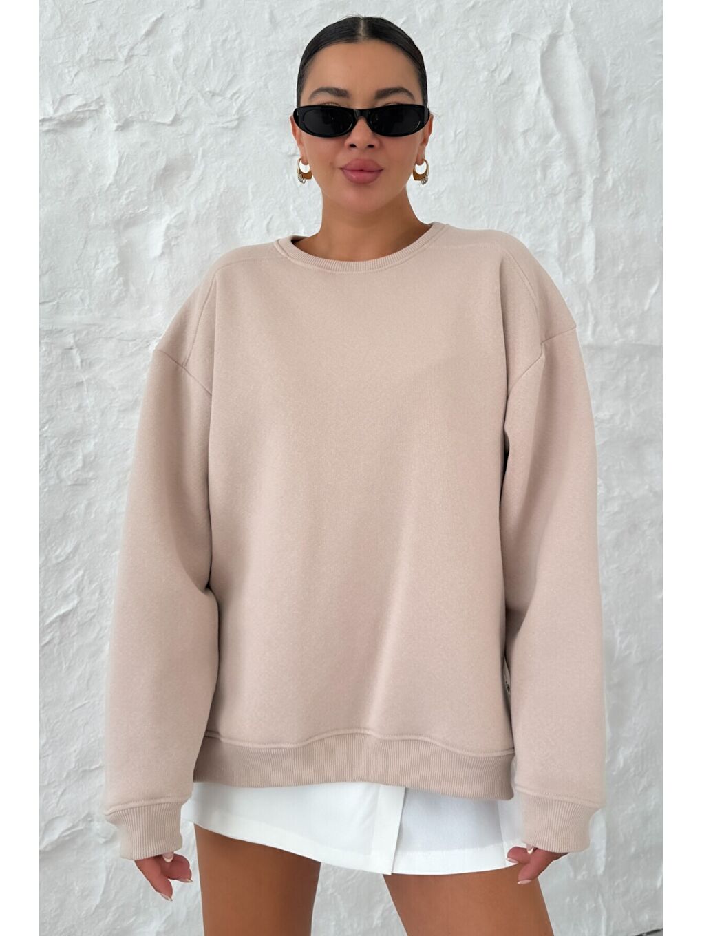 Kadın Bej Bisiklet Yakalı Yanı Yarım Fermuar Detaylı Sweatshirt-1