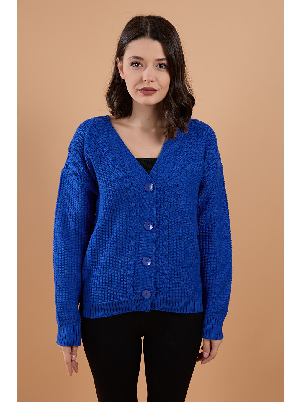 Mavi Düğmeli Kabarcık Detaylı Triko Hırka Saks - 27648-1