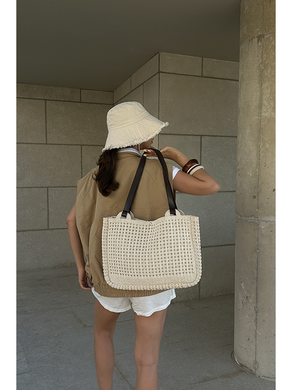 Ekru Fabri Big Size Makrome Omuz Çantası Krem-8