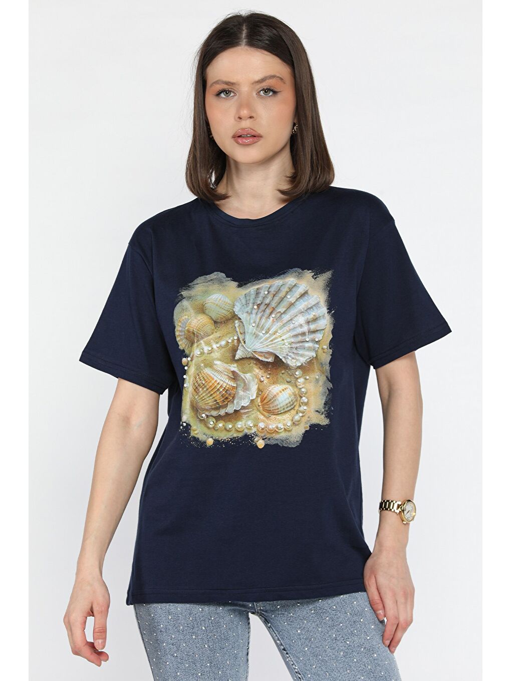 Lacivert Baskılı Taş Detaylı Kadın Tişört