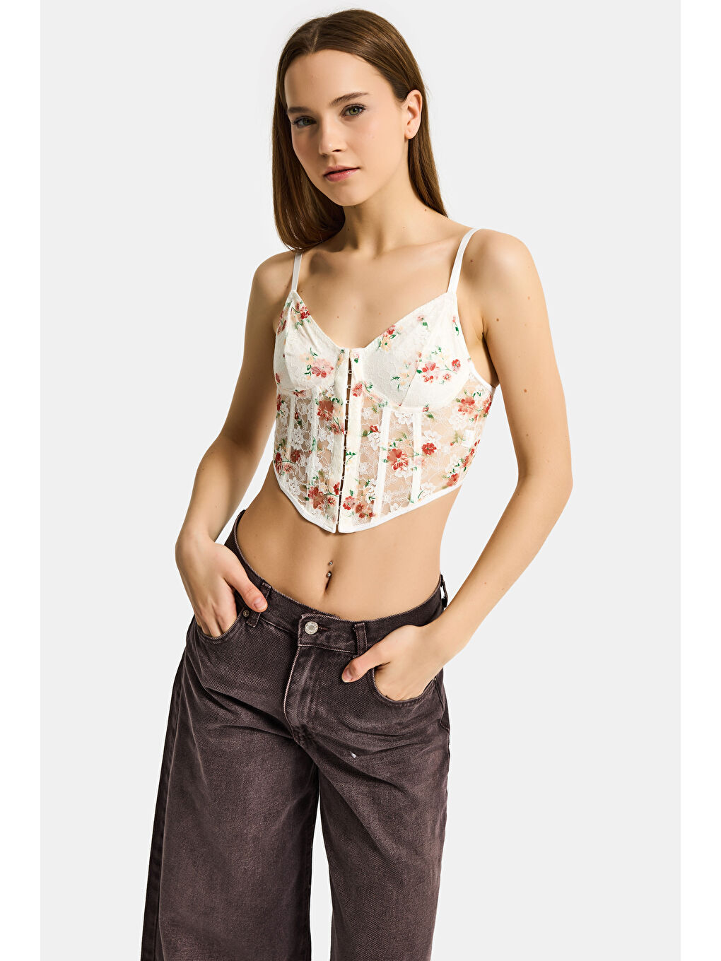 Kadın Ekru Çiçekli w5 Balenli Askılı Dantel Çiçek Desenli Özel Tasarım Büstiyer-2