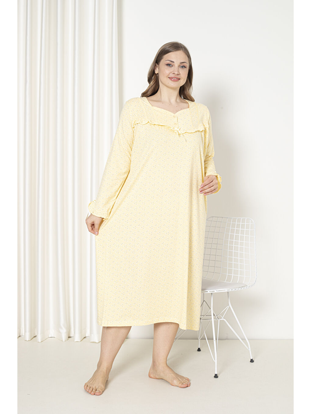 Sarı %100 Pamuklu Mevsimlik Uzun Kol Penye Büyük Beden Anne Gecelik 180-1