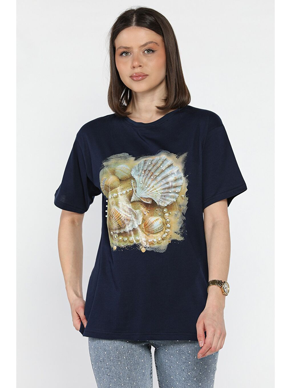 Lacivert Baskılı Taş Detaylı Kadın Tişört-1