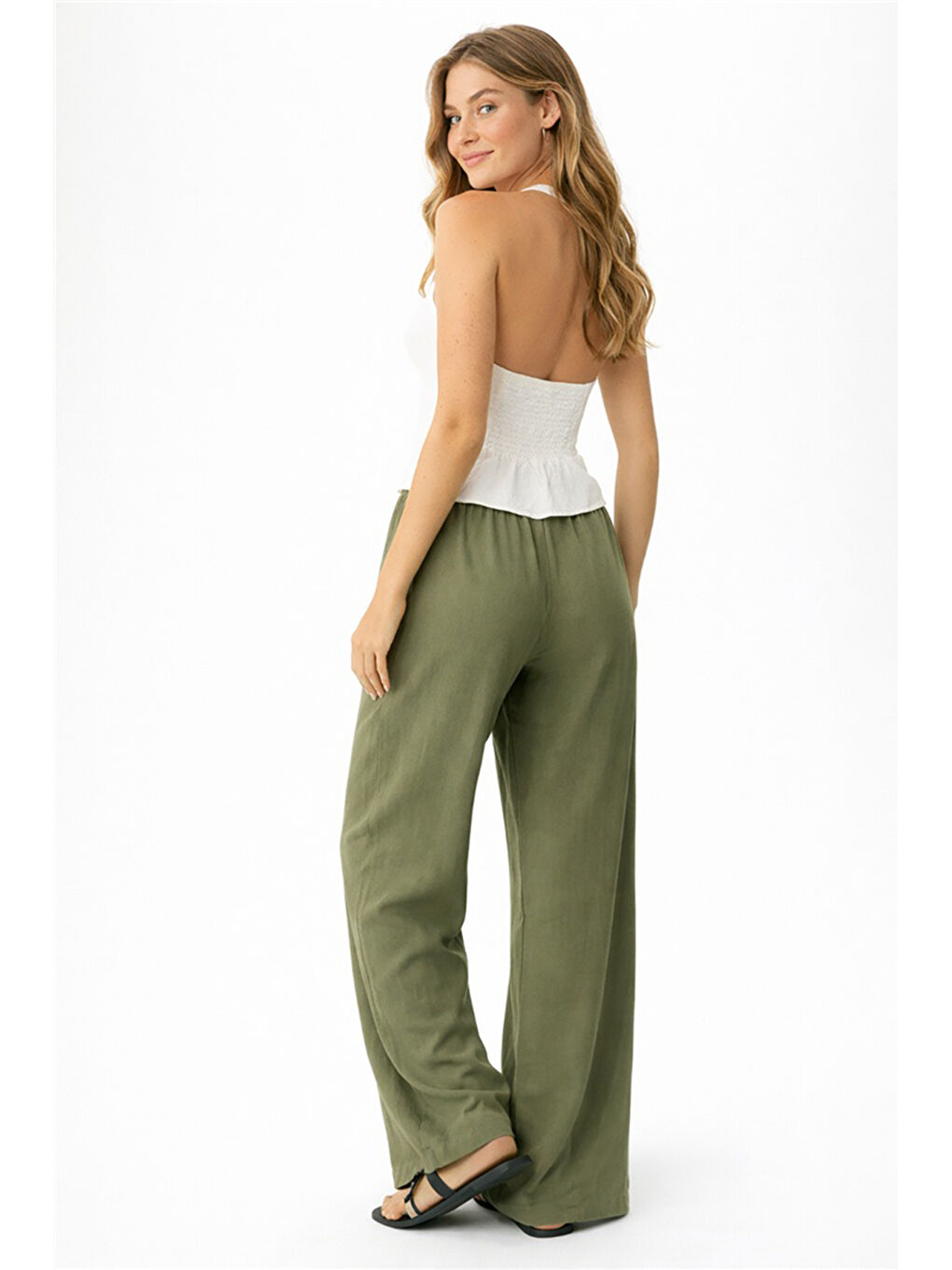 Haki Pamuk ve Keten Karışımlı Yüksek Bel Kadın Pantolon 26Y0608K1-4