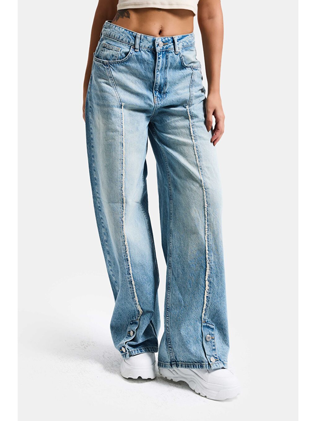 Mavi Kadın Jean Rengi 4s6-32 Süper Baggy Fit Paça Detaylı Özel Tasarım Denim Jean-5